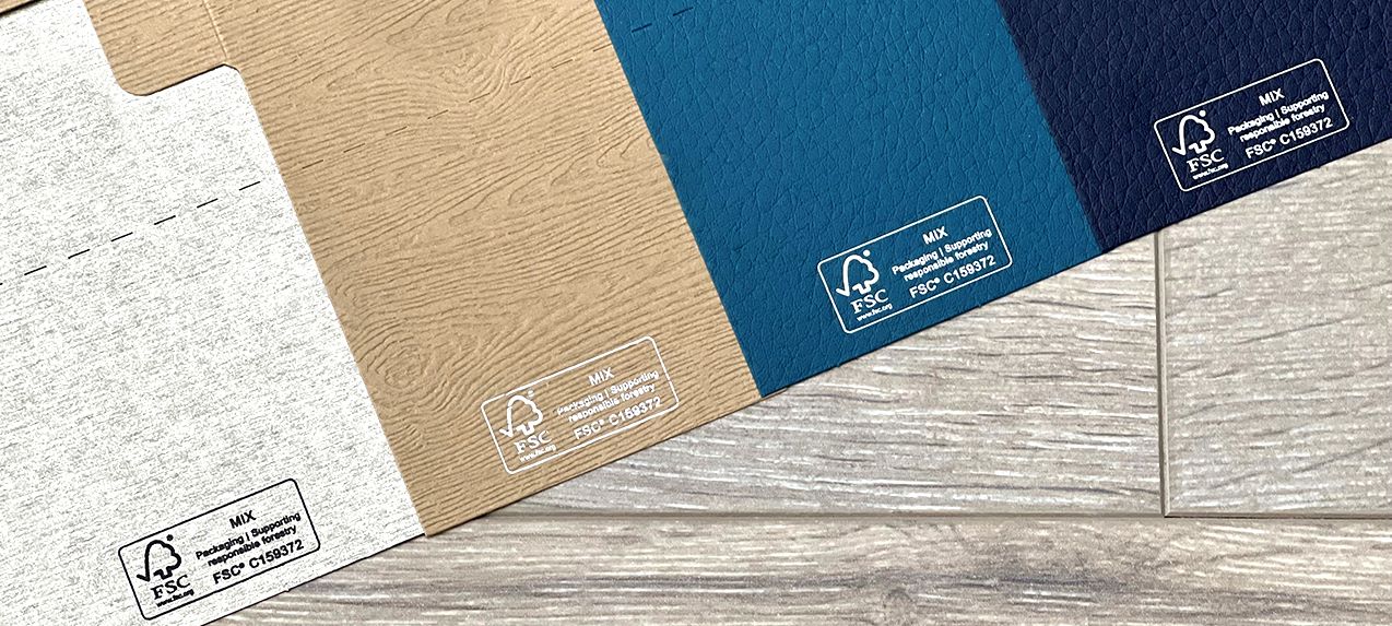 Various FSC-certified cardboard types used by MAZUS for sustainable packaging production.